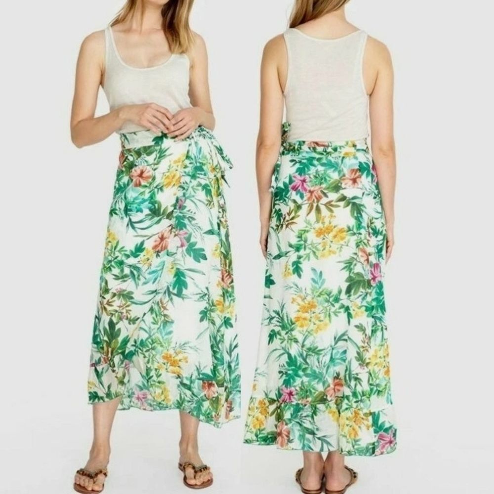 Johnny Was Floral Cream Ramie Linen Bohemian Chic Flowy Lined Maxi Skirt Size XS